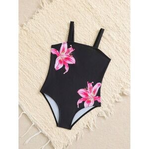 Girls Black Pink Lily Floral Print One Piece Swimsuit Wide Strap Swimwear
